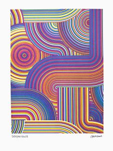 An abstract pen plot of colorful concentric arcs and circles that swirl over and under each other around the page in a variety of rainbow shades.